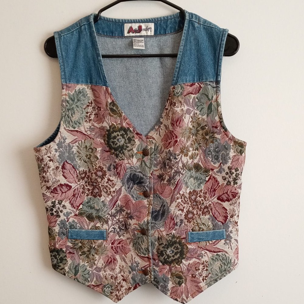 Vintage Denim Floral Tapestry Vest Large